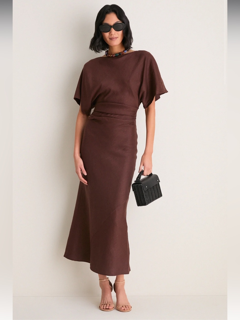 New STAUD Amelie Dark Oak Ruched Linen Blend Dress - Size XS